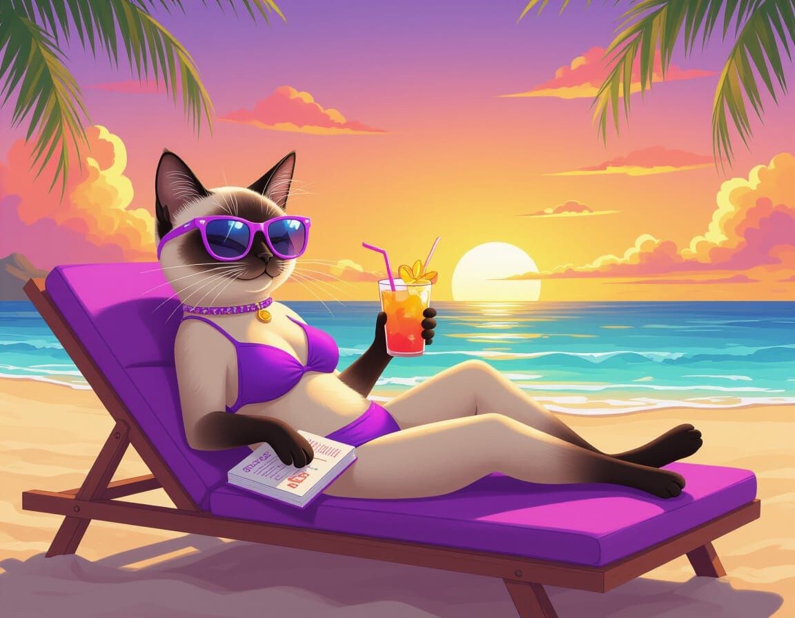 Siamese Cat on Beach in 2D Cartoon Style