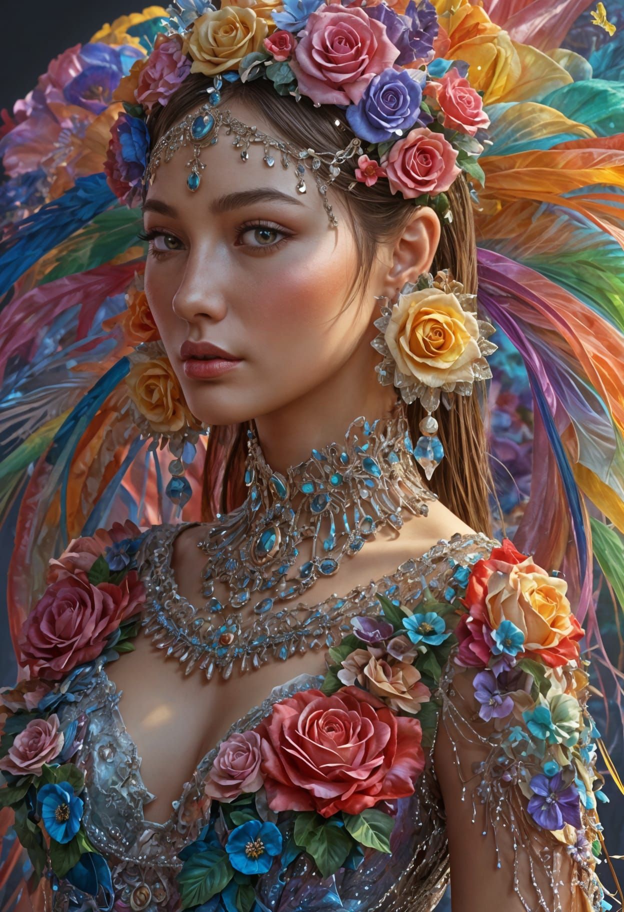 Prismatic Rainbow Rose Goddess in Hyperdetailed Style