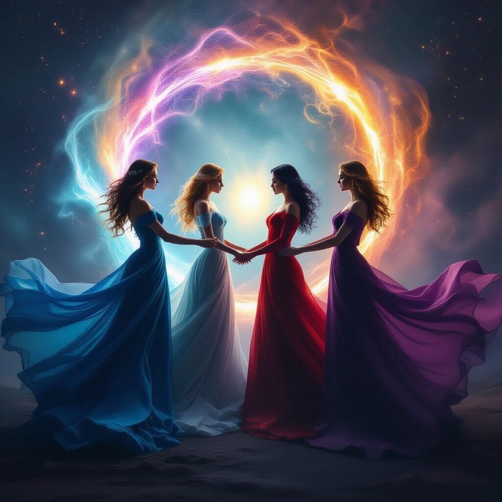 Ethereal Ladies Form Cosmic Circle in HDR Style