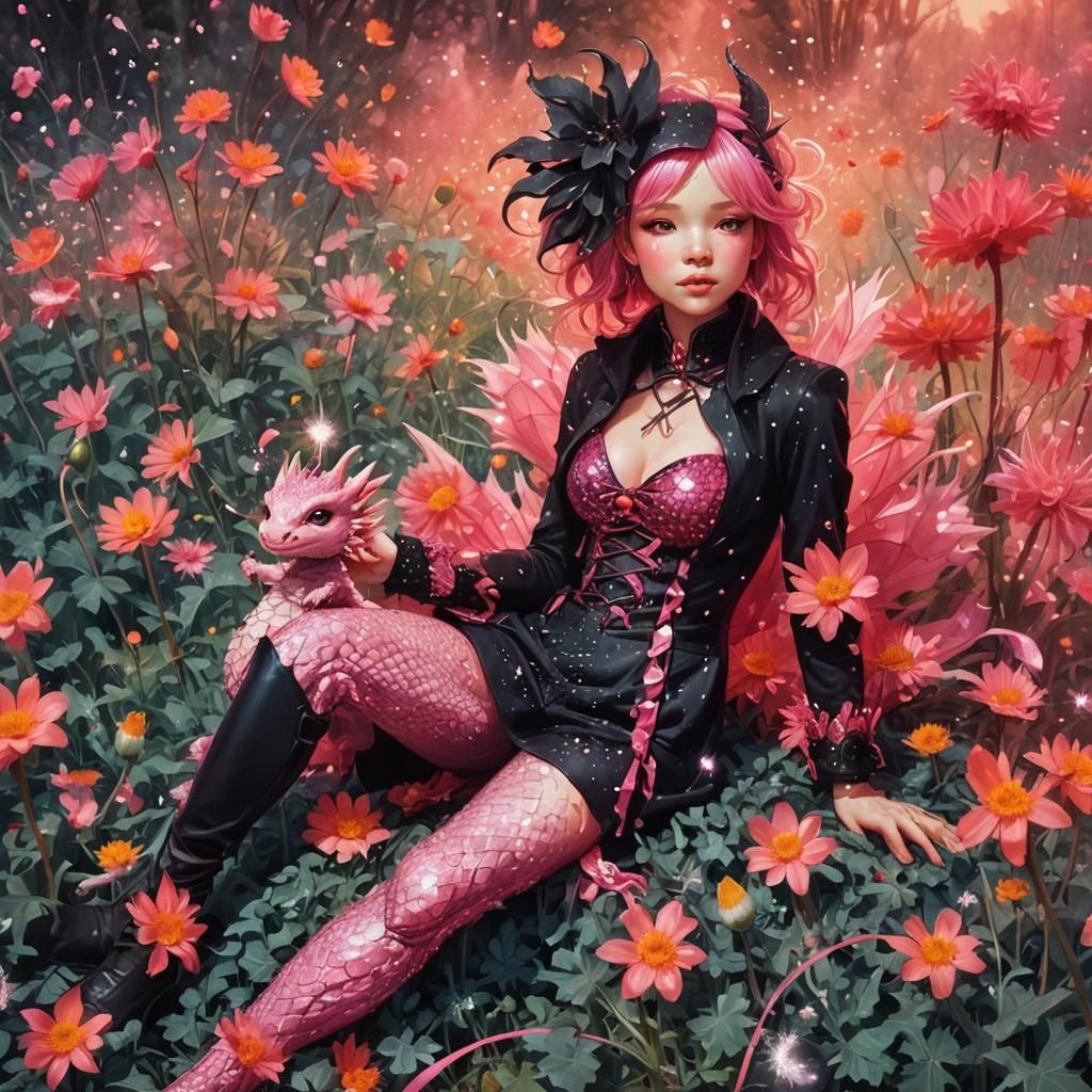 Pink Dragon-Girl Wishes on Dandelion in Watercolor Style