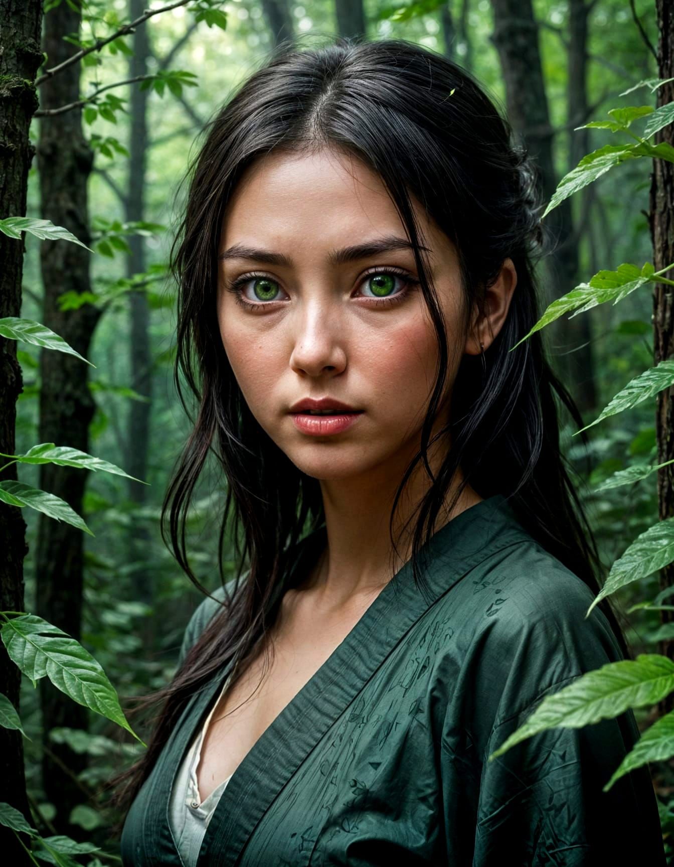 Anime Girl in Dark Forest Glows with Magical Green Eyes