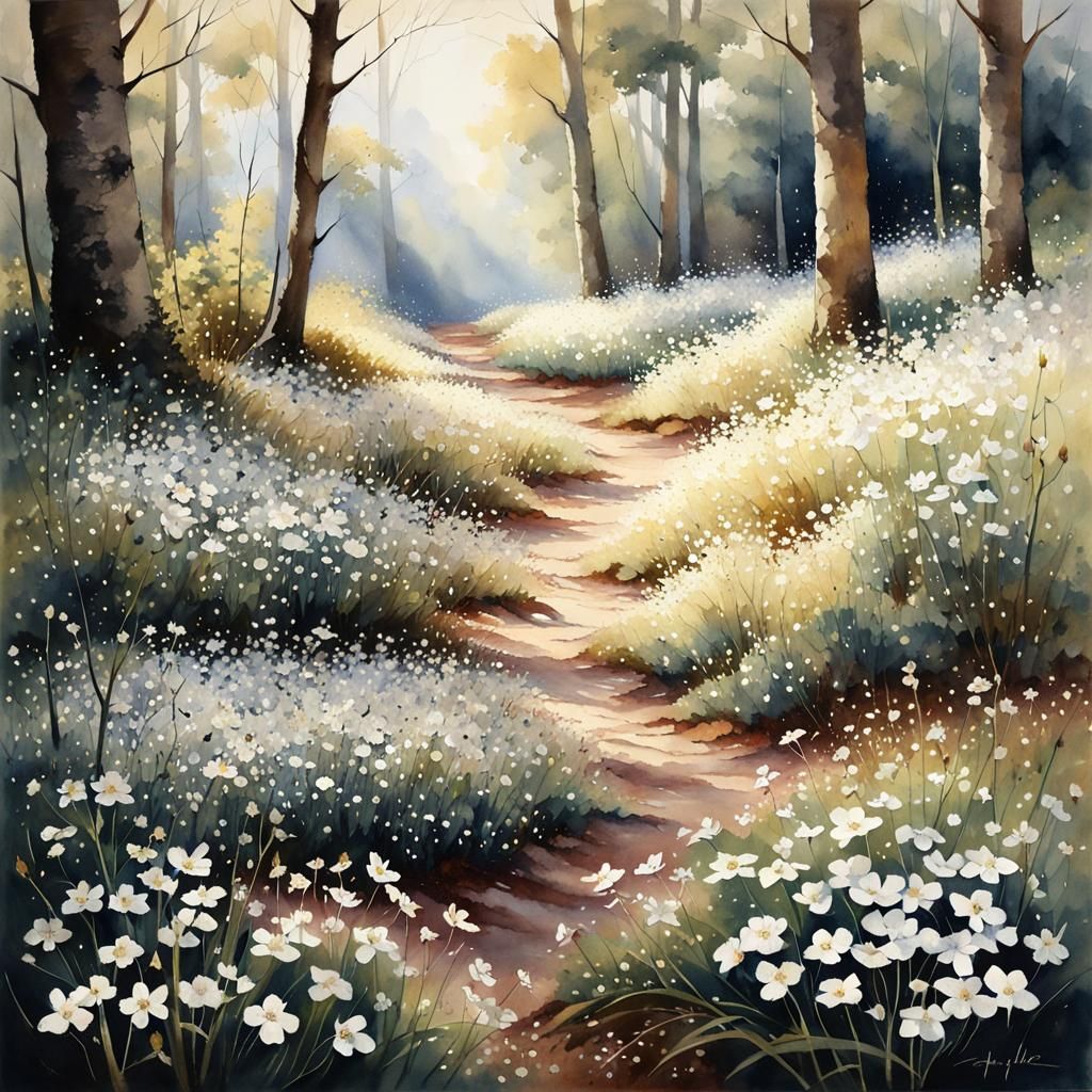 Watercolor Landscape with White Flowers
