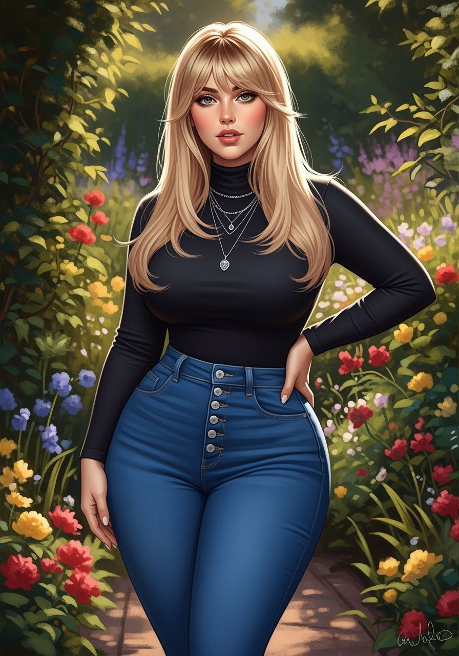 Woman in Lush Garden with Sunlight and Impressionist Glow