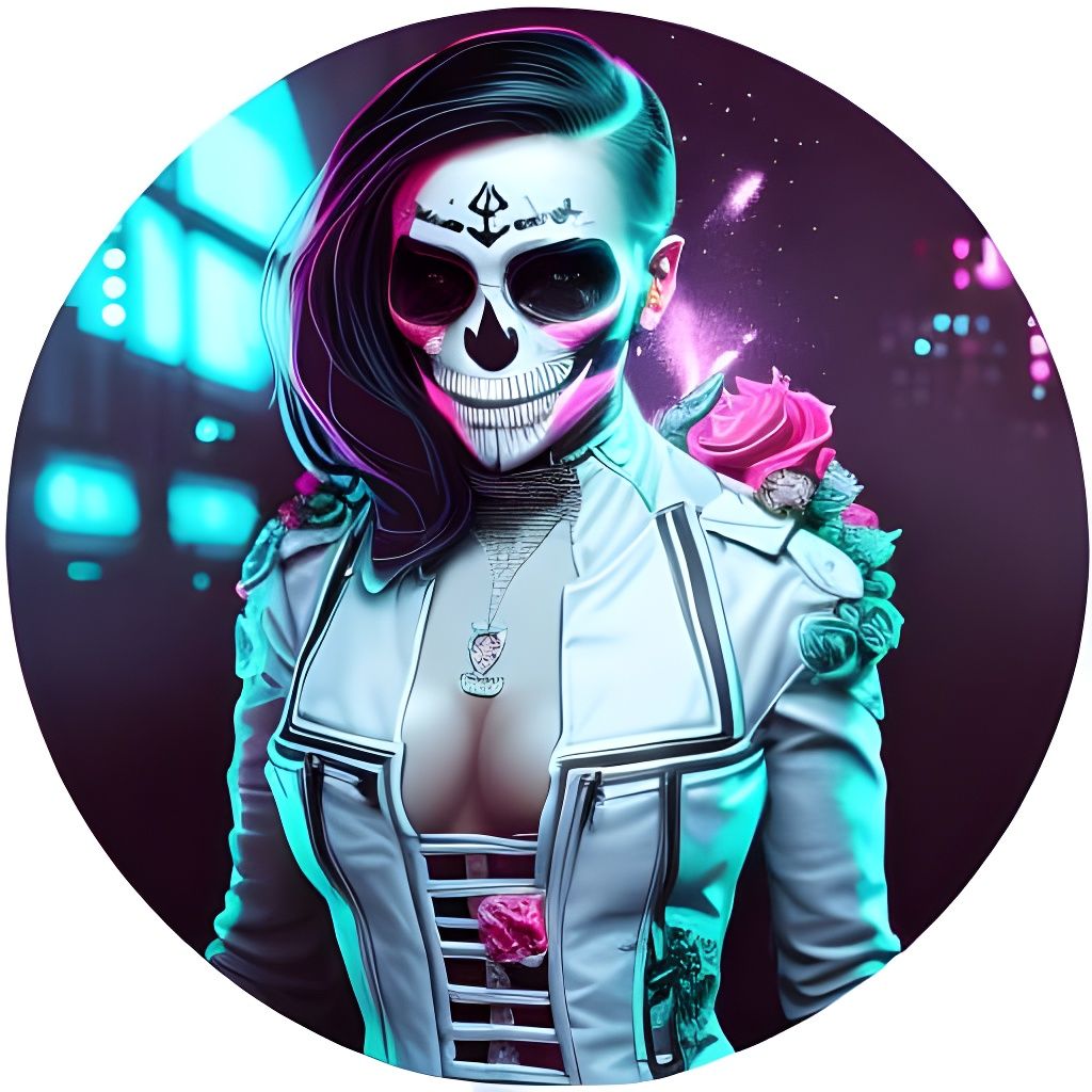 Cyberpunk Skull Portrait with Roses and Cityscape