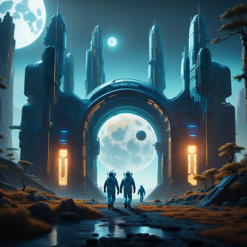 Astronauts Explore Lunar Habitat in Sci-Fi Matte Painting