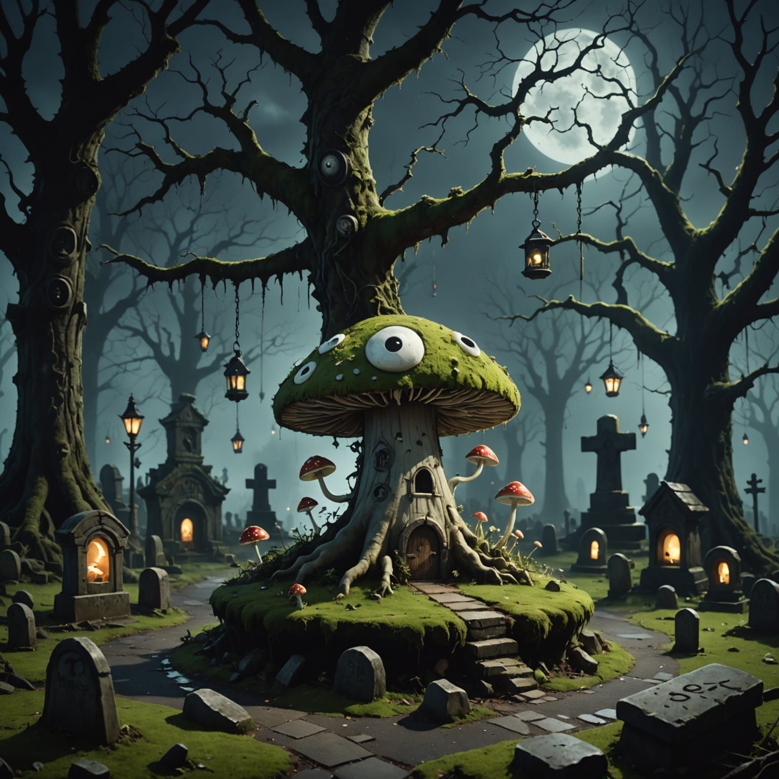 Mischievous Mushroom in Surreal Nighttime Playground