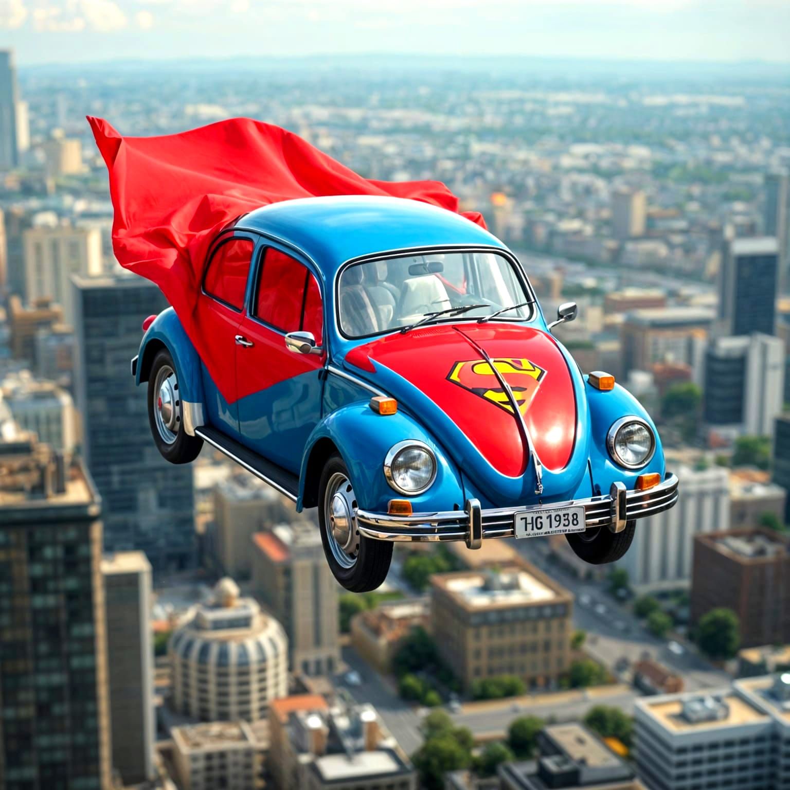 Volkswagen Beetle as Superman Flies Over City