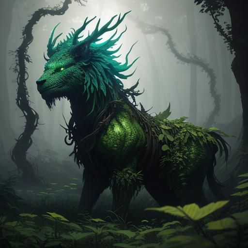 Verdant Doppel: Fantastical Forest Creature in Eerie Lightin...