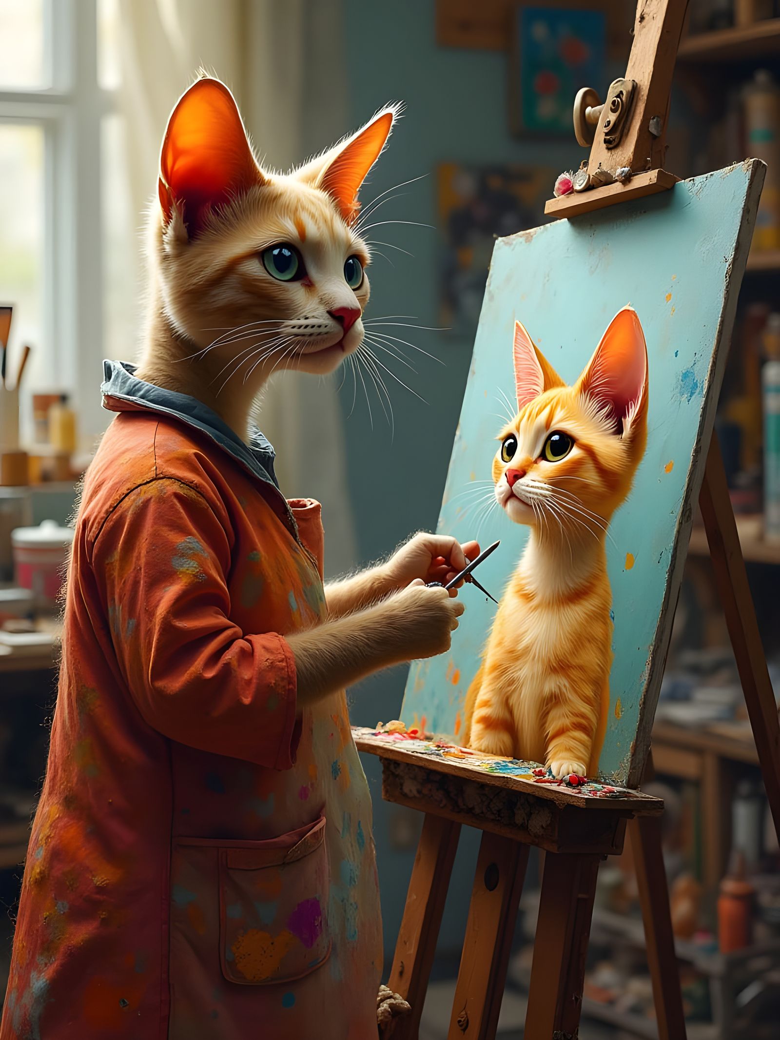 Anthropomorphic Cat Artist in Oil Stick Painting