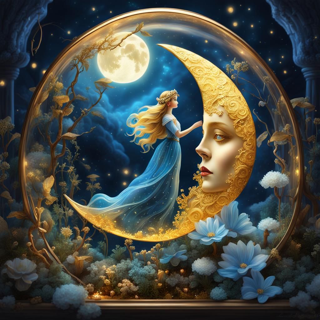 Golden Moon Terrarium Fairy in Dreamy Fantasy Style