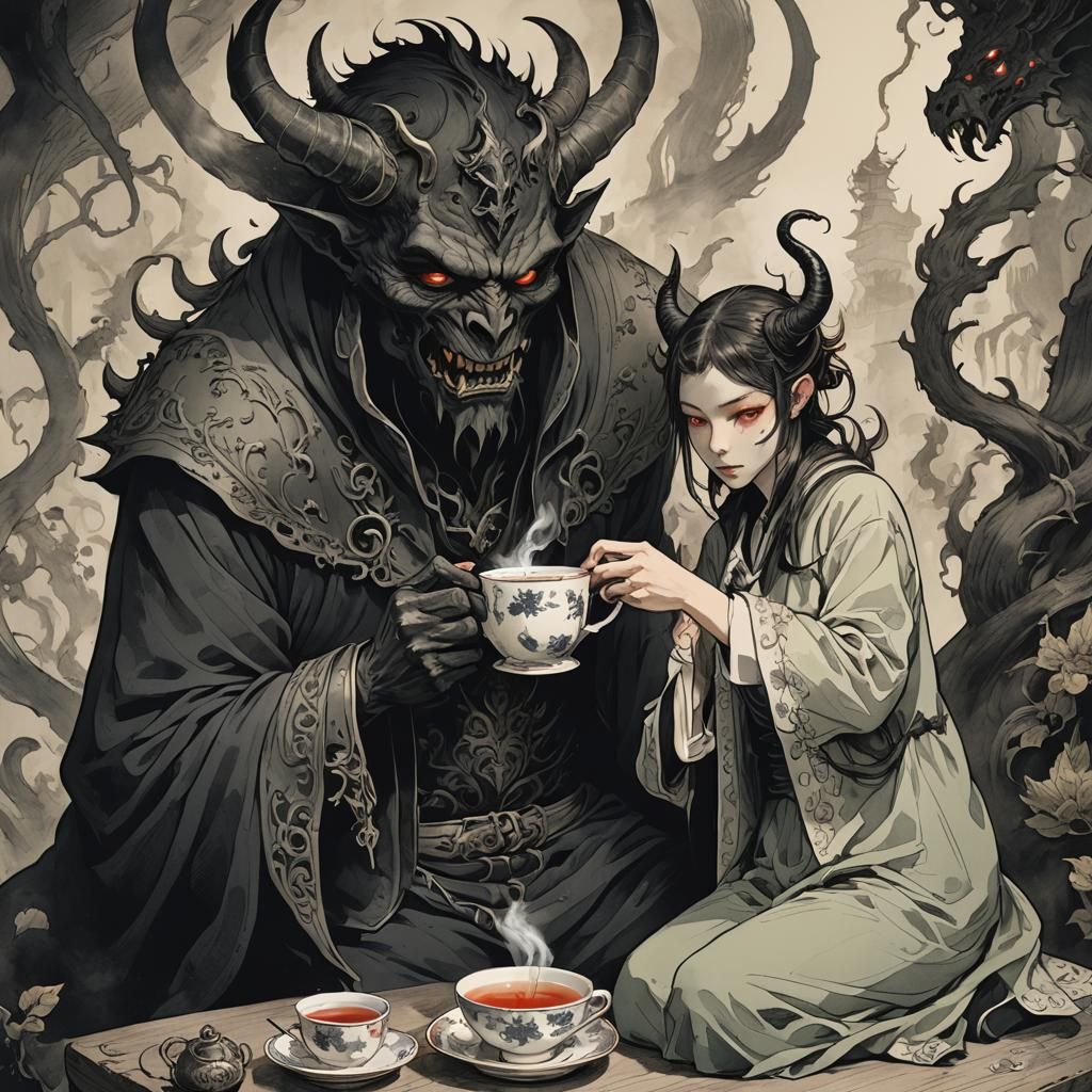 Tea Time: Person and Demon Sharing a Cup