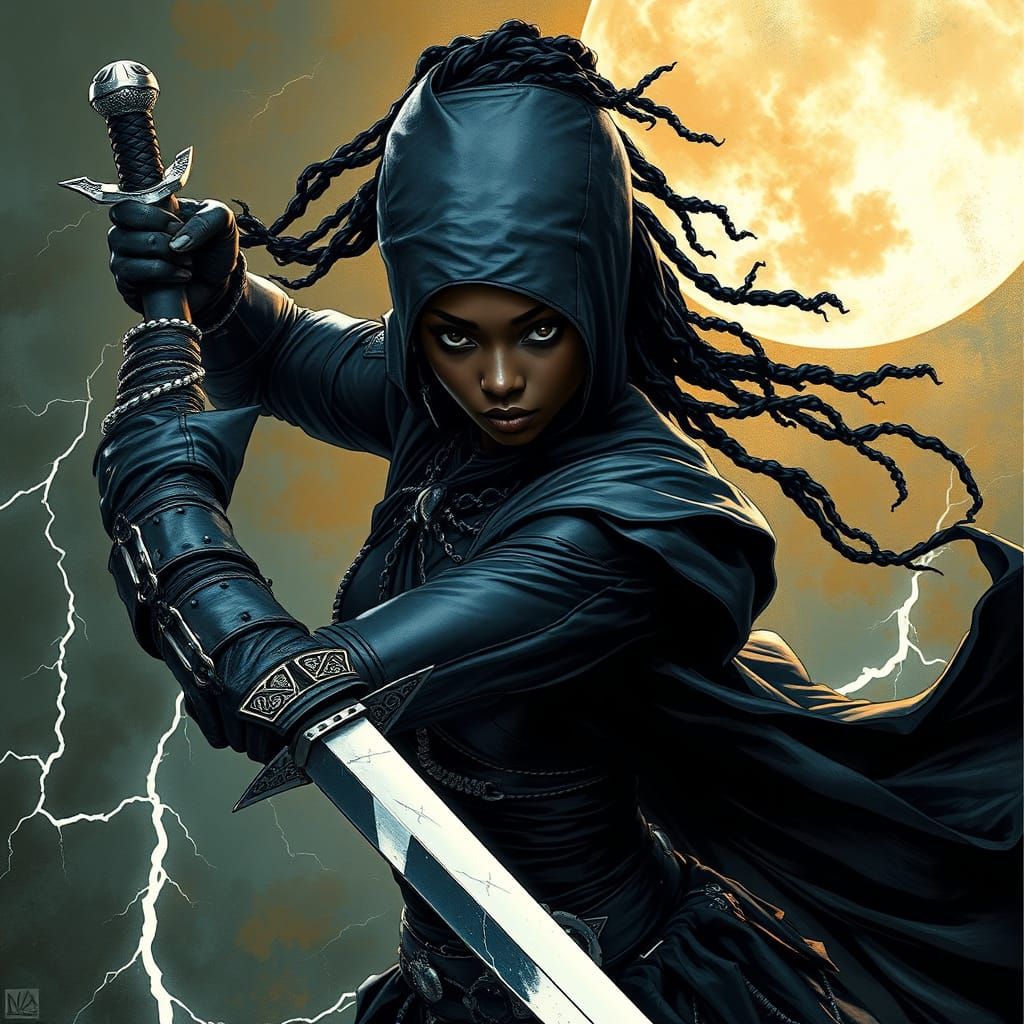 African Warrior Goddess Wields Sword in Dark Fantasy