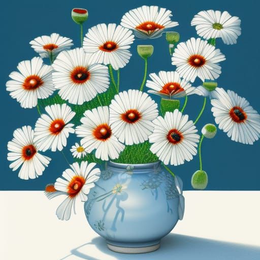 Poppies and Daisies Still Life in Hyperrealism