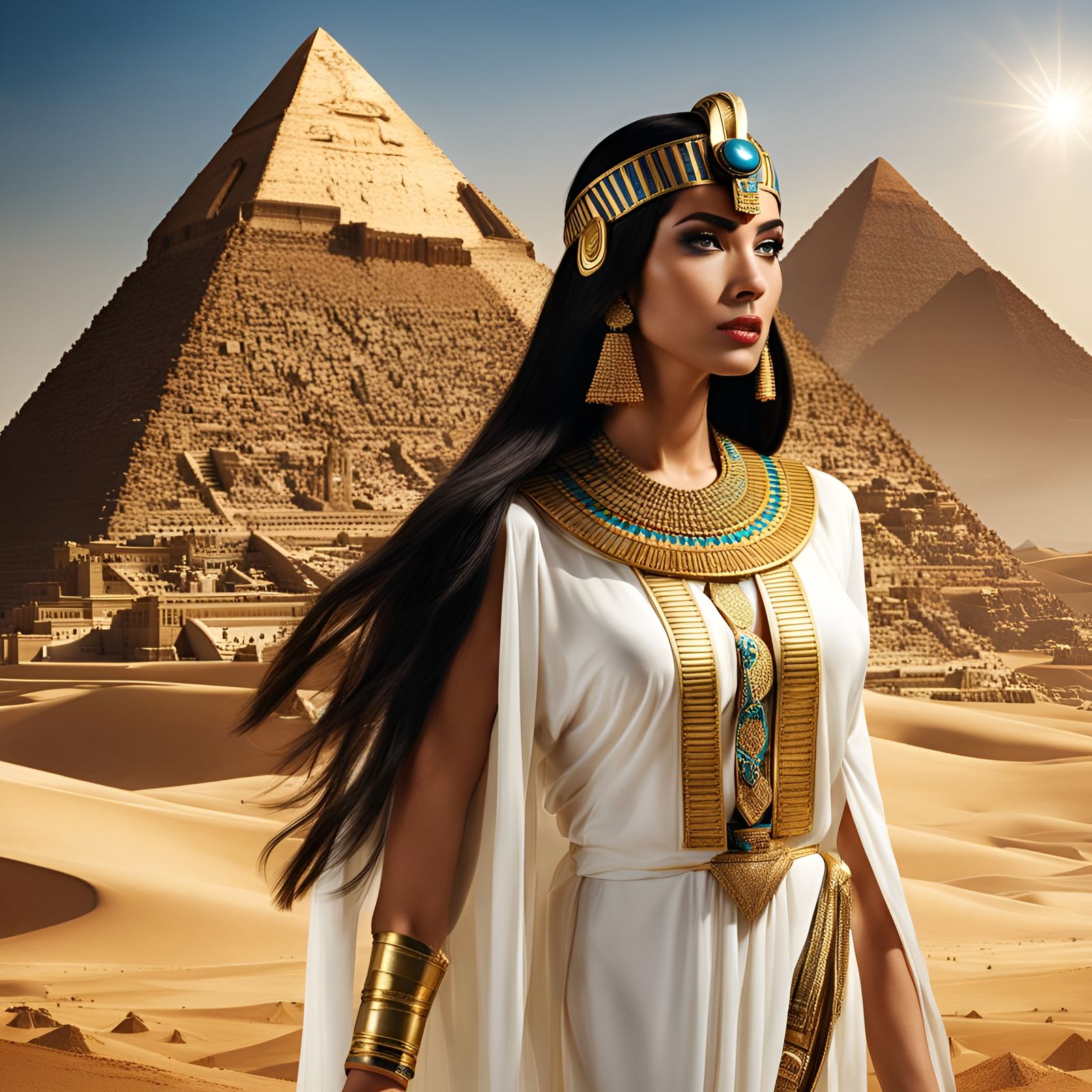 Cleopatra Portrait with Pyramids in Background