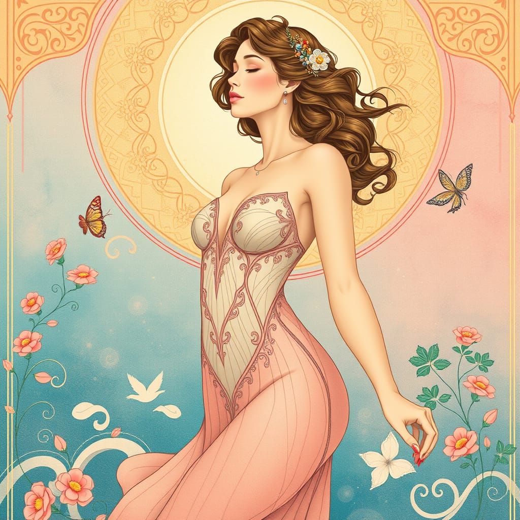 Harmonious Woman with Ethereal Art Deco Elements