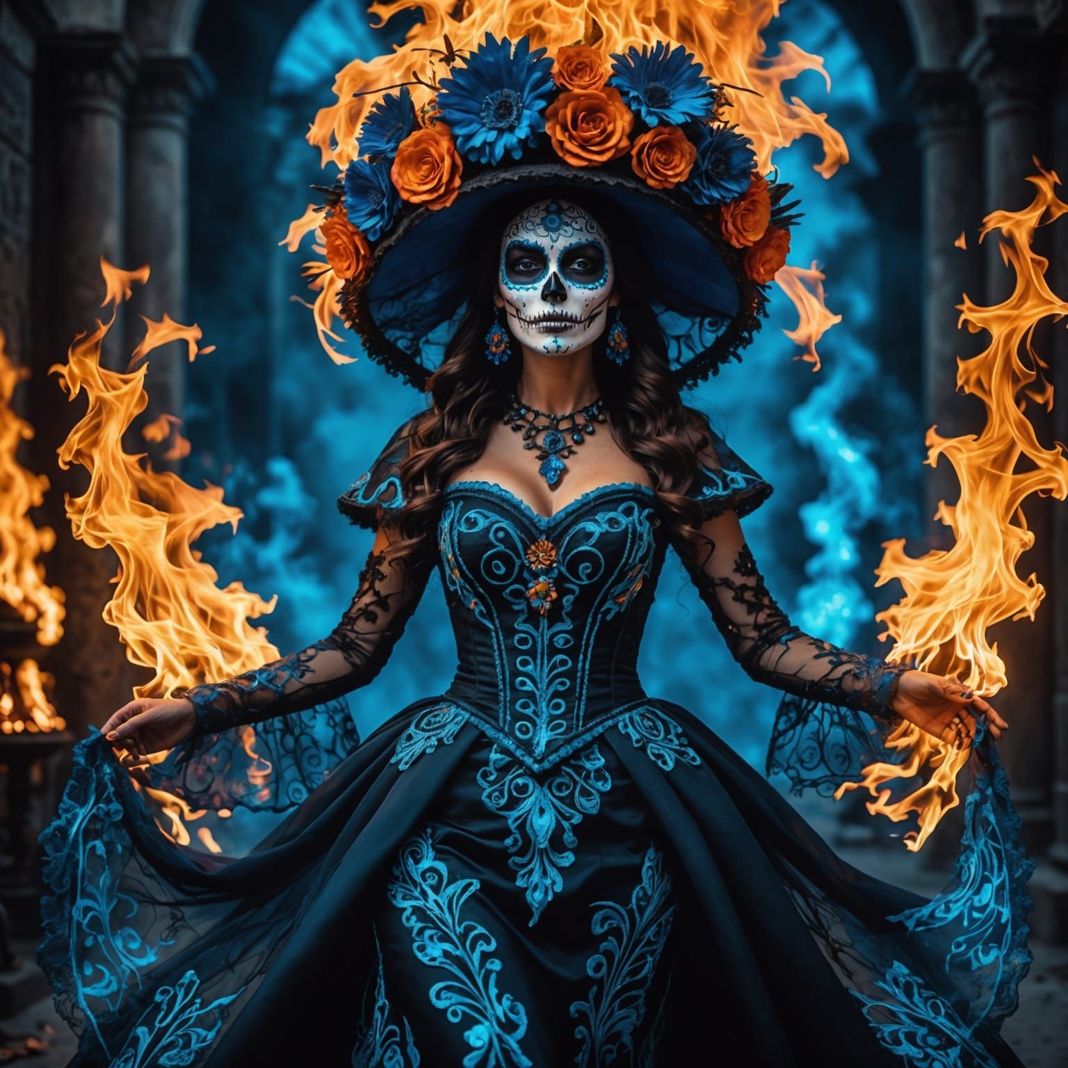 Majestic Catrina Walks Among Neon Flames