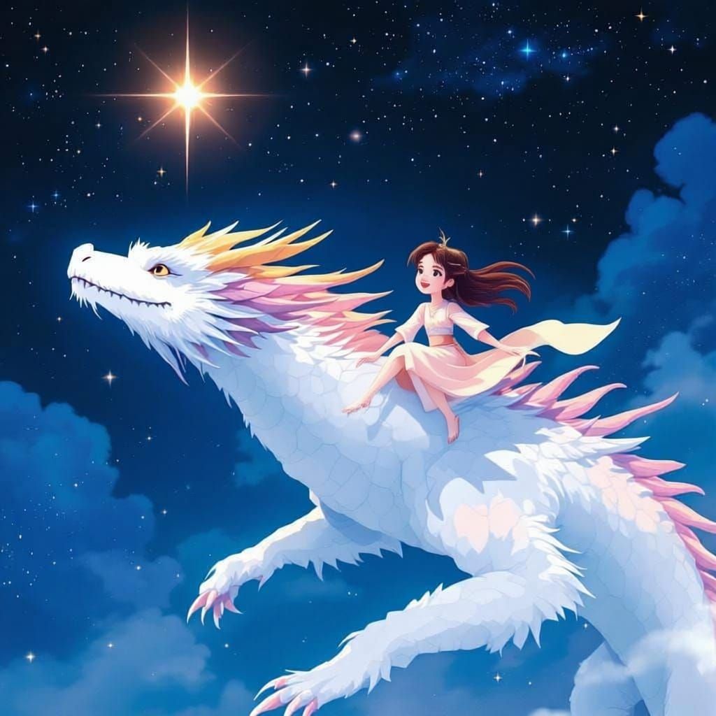 Children Ride Falkor Under Starry Sky