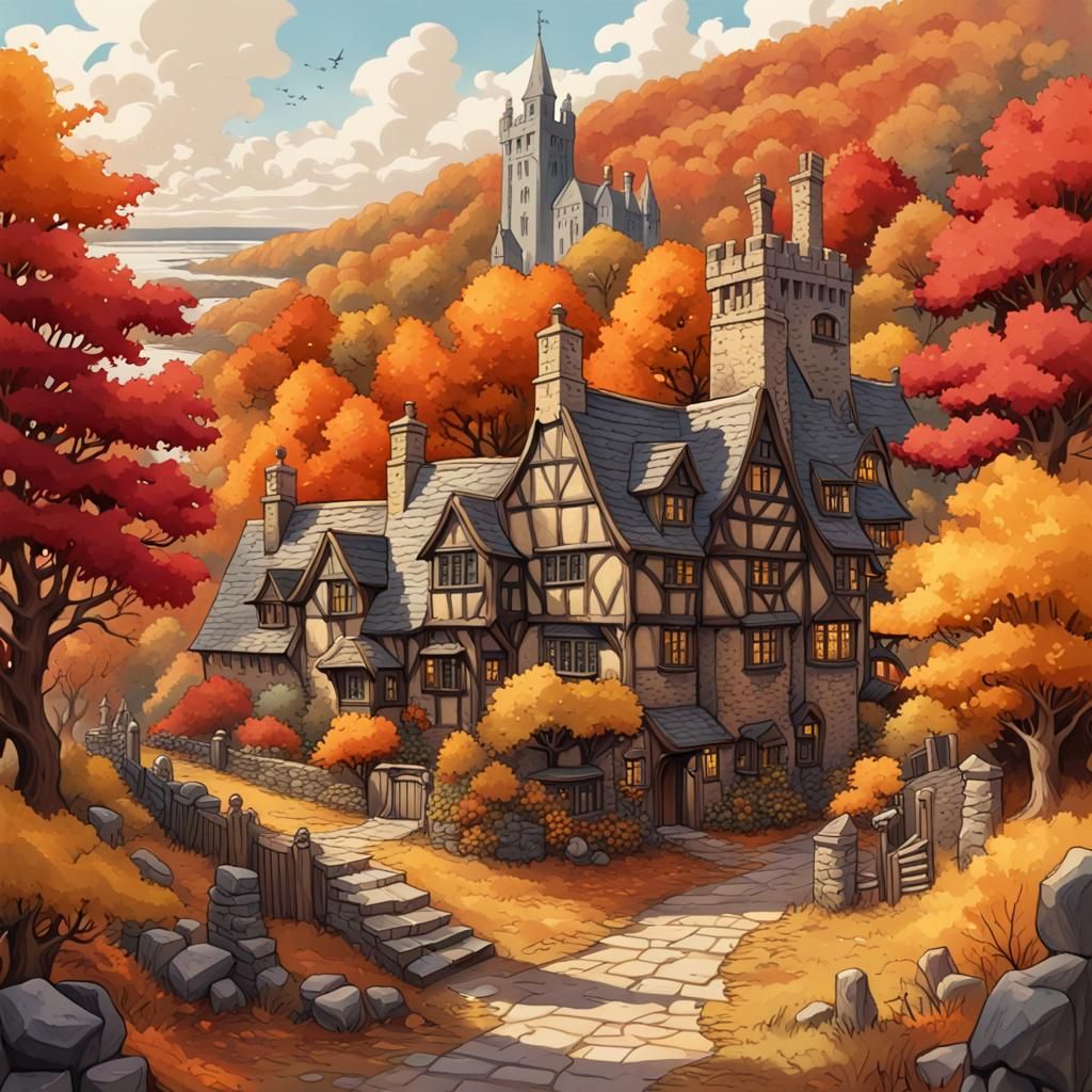 Gothic Autumnal Village: Gouache and Watercolor Style