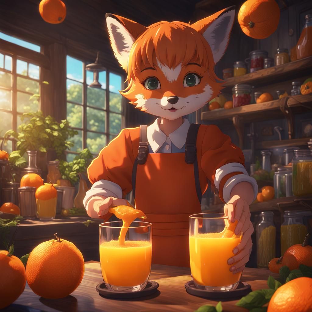 Anime Girl Makes Orange Juice with Fox