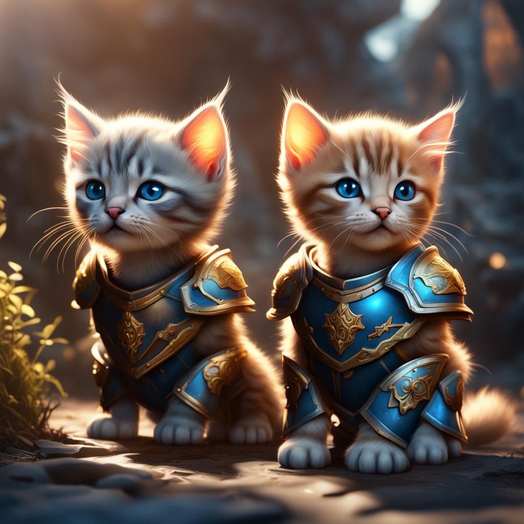 Kittens in Blue Armor: Detailed Fantasy Concept Art