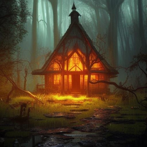 Cottagecore Witch House in Glowing Swamp