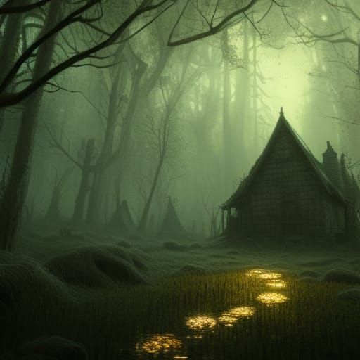 Cottagecore Mushroom Witch House in Glowing Swamp