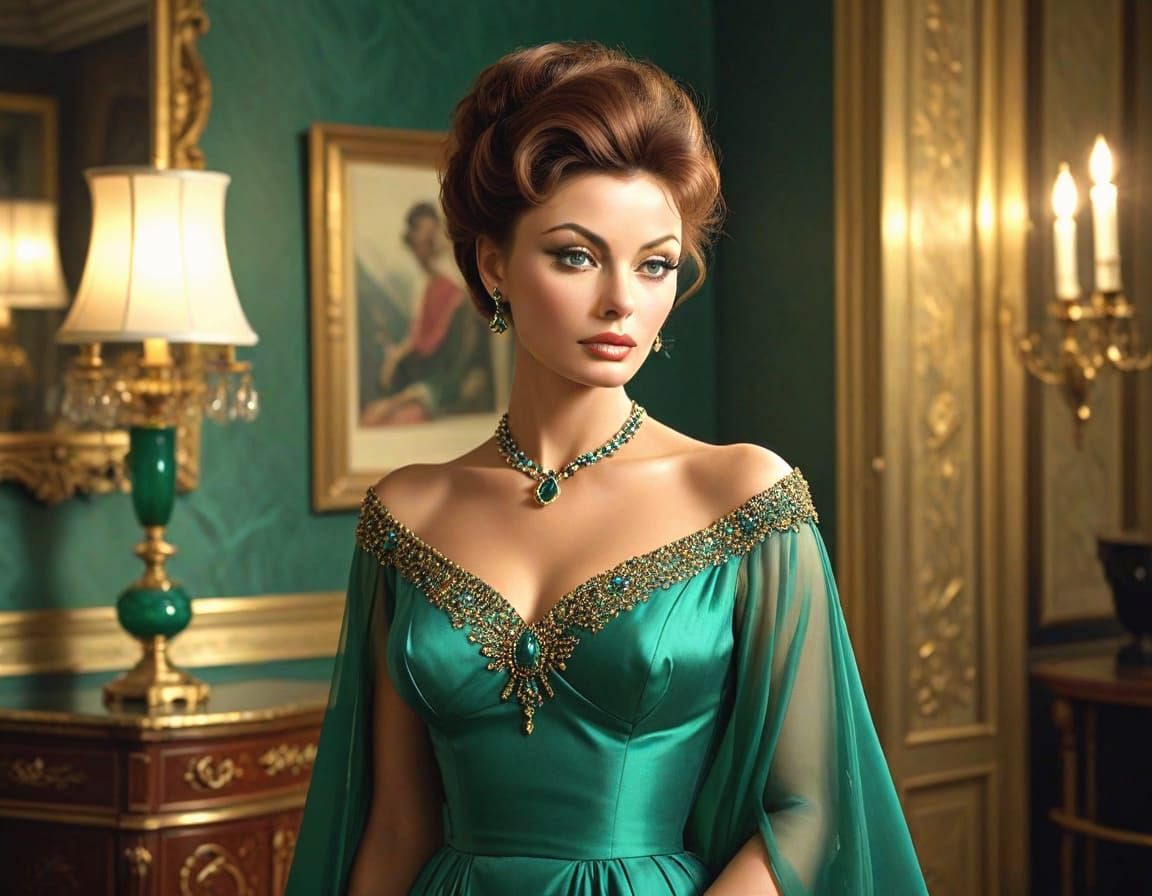 Elegant Sophia Loren in Royal Green Nightdress