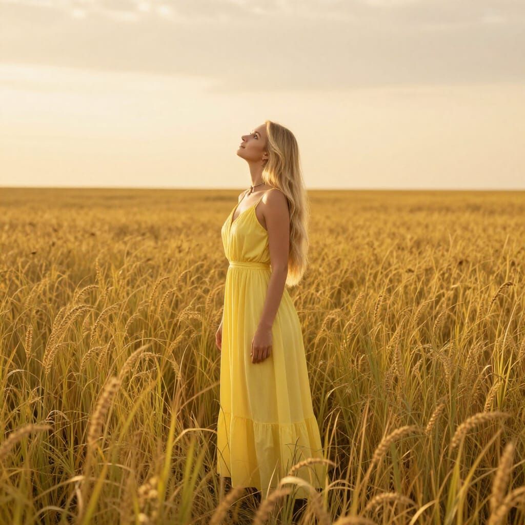 Woman in Yellow Dress in Golden Field
