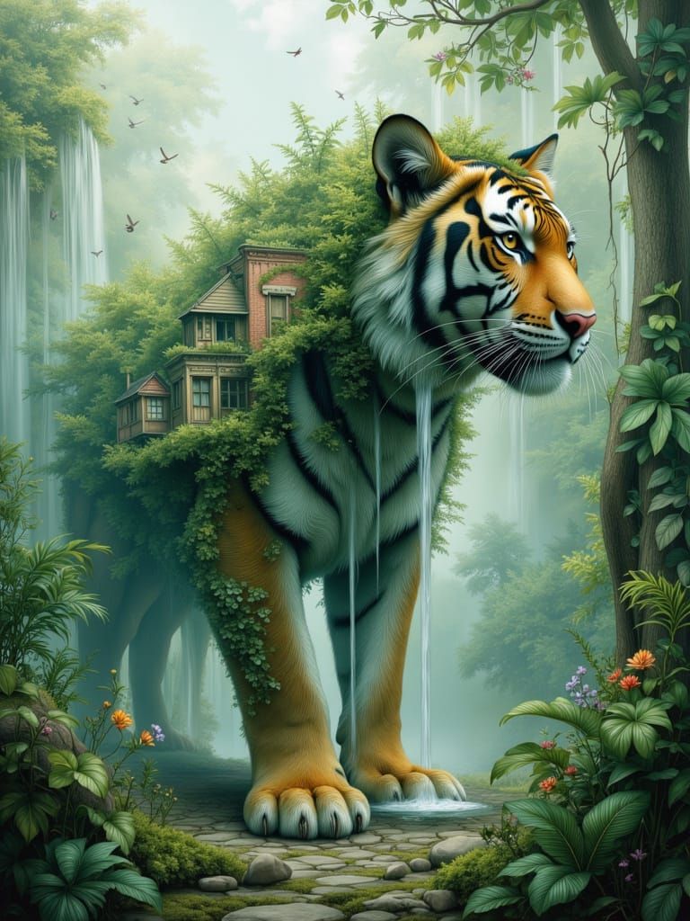 Surreal Tiger of Foliage and Ruins in Ethereal Light