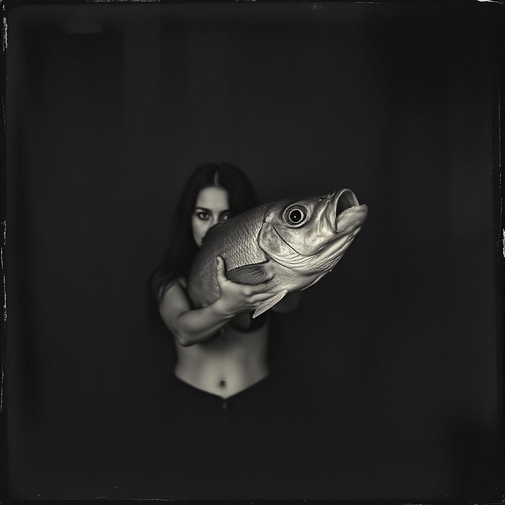 Gritty Cyborg Embrace in Photogravure Style