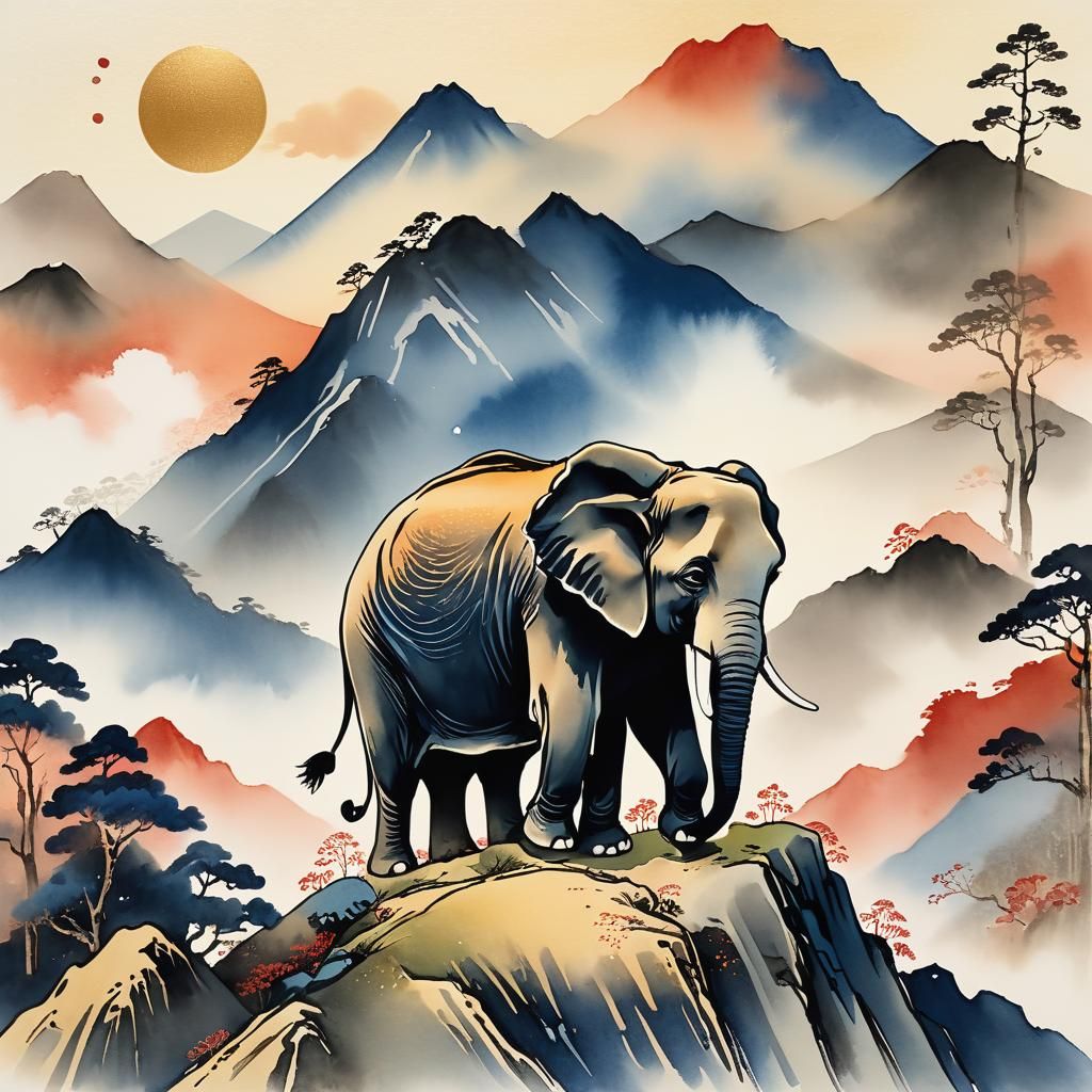 Elephant on Mountain in Ukiyo-e Watercolor Style