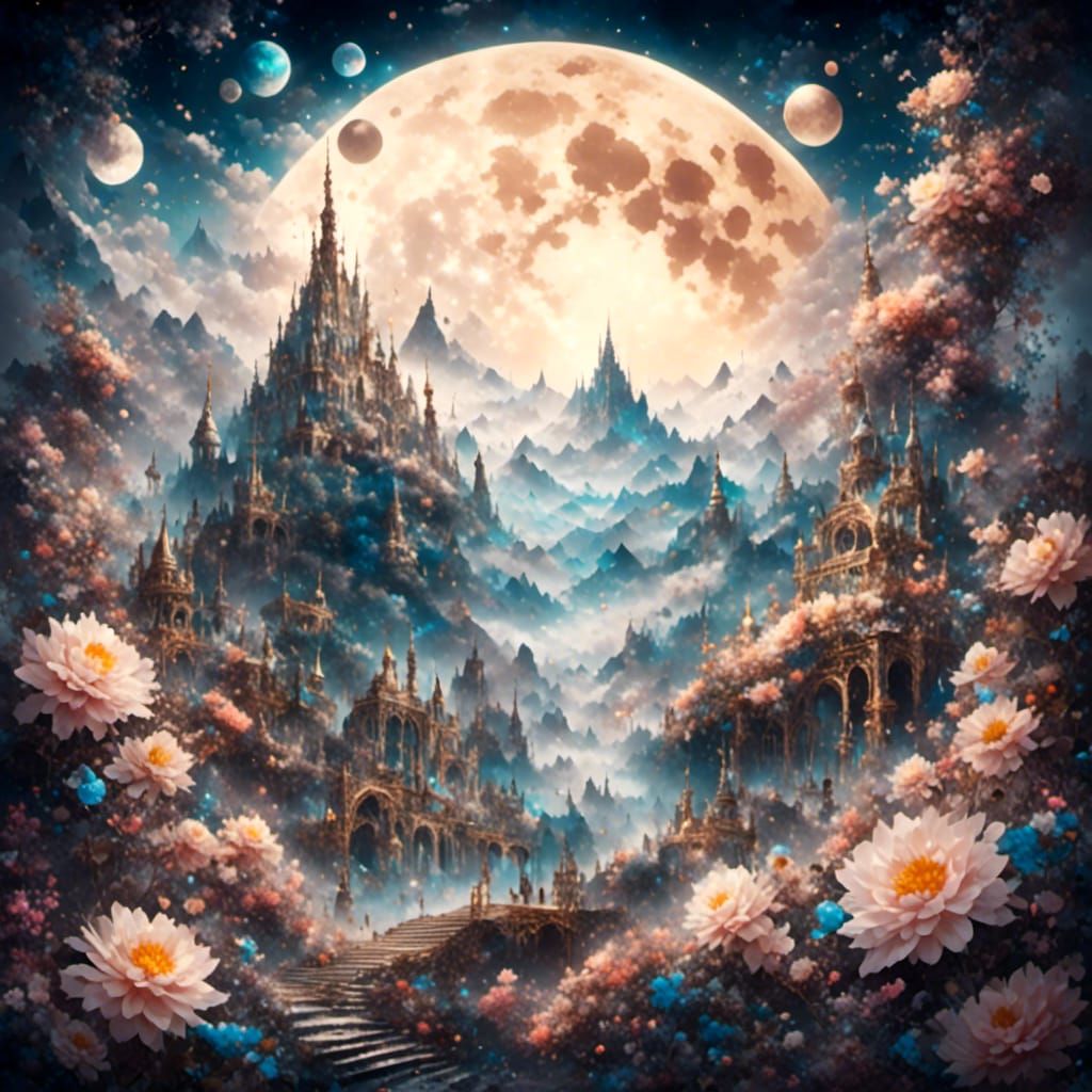 Goddess Among Flowers Under Moon in Watercolor Style