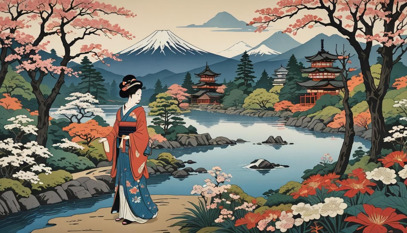 Mount Fuji in Ukiyo-e Japanese Woodblock Print Style