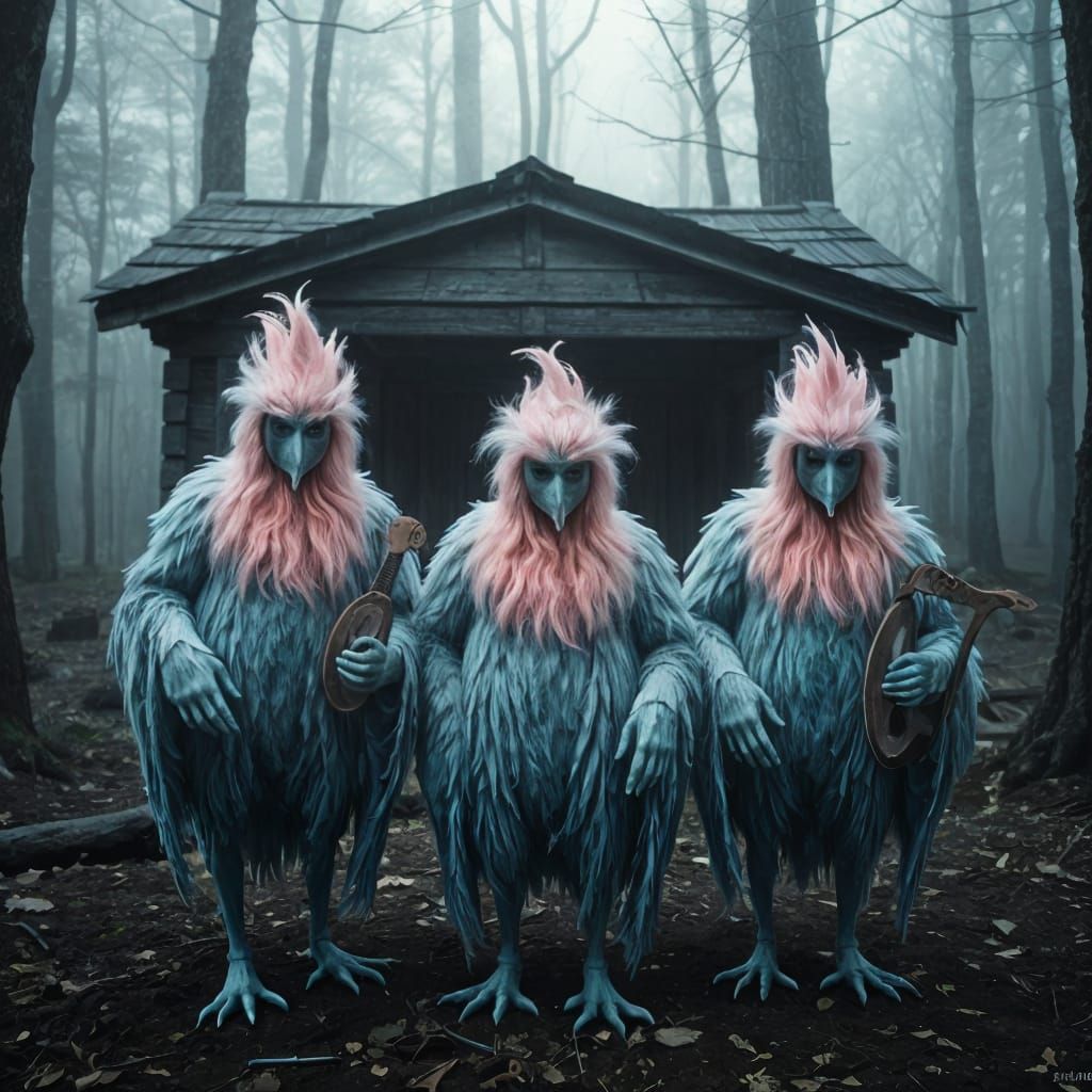Regal Avian Figures Stand Before Mysterious Shack in Foggy F...