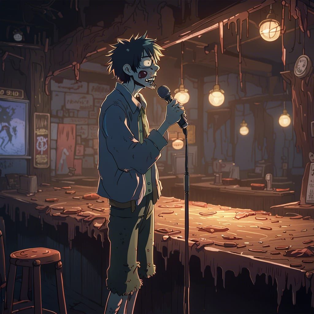 Zombie Crooner in Decayed Karaoke Bar: Ghibli Style
