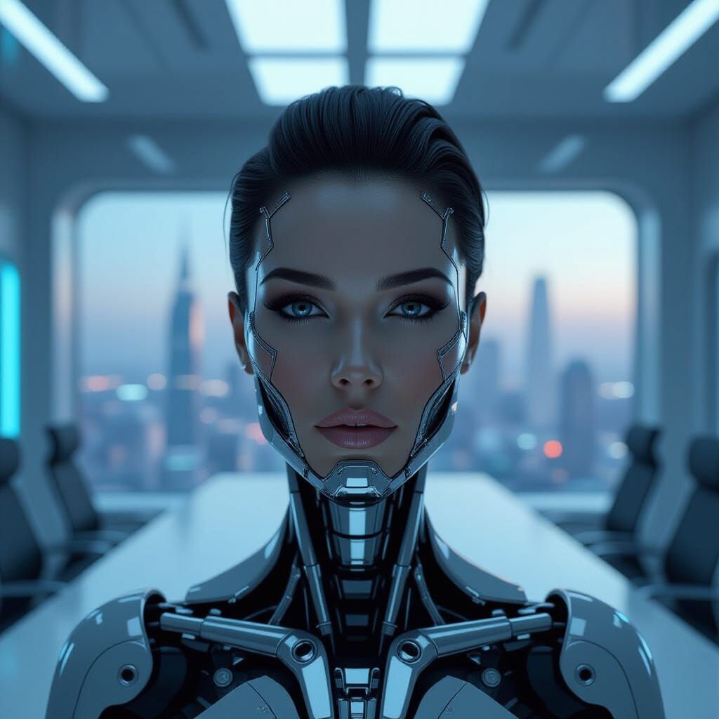 Cybernetic Executive in Futuristic Boardroom