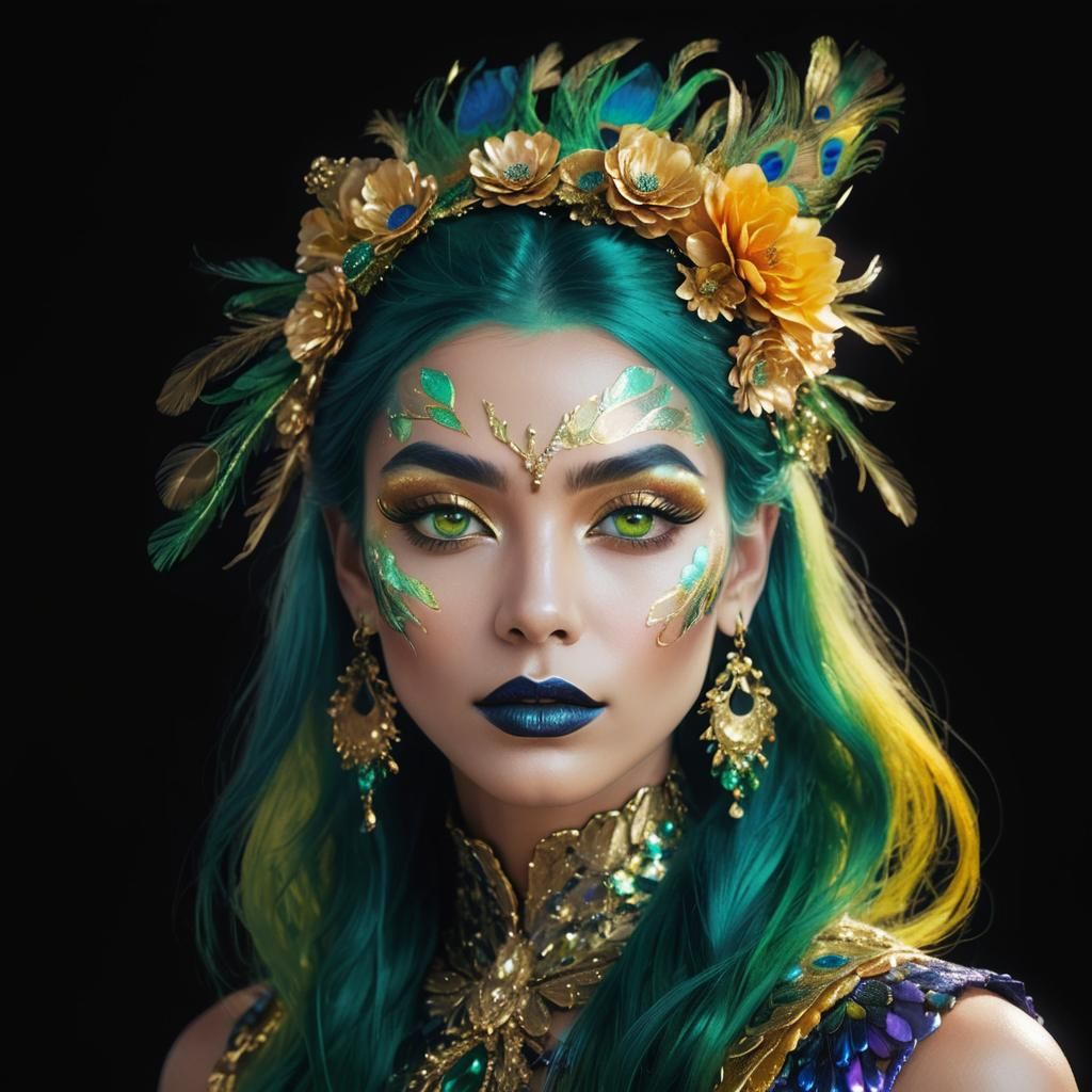 Gold Woman with Peacock Feathers in Vibrant 3D