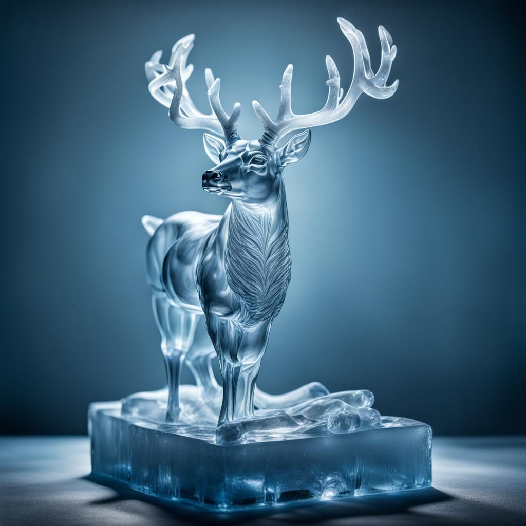 Hyperrealistic Light Blue Ice Deer Sculpture