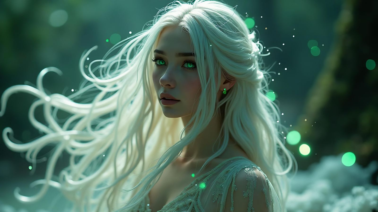 Enchanting Silver-Haired Woman in Mystical Forest