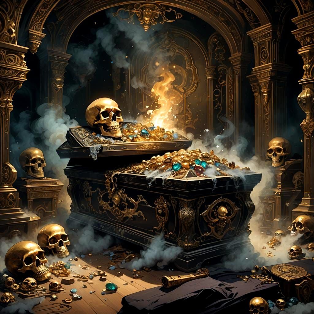 Dark Fantasy Room with Skull and Broken Casket