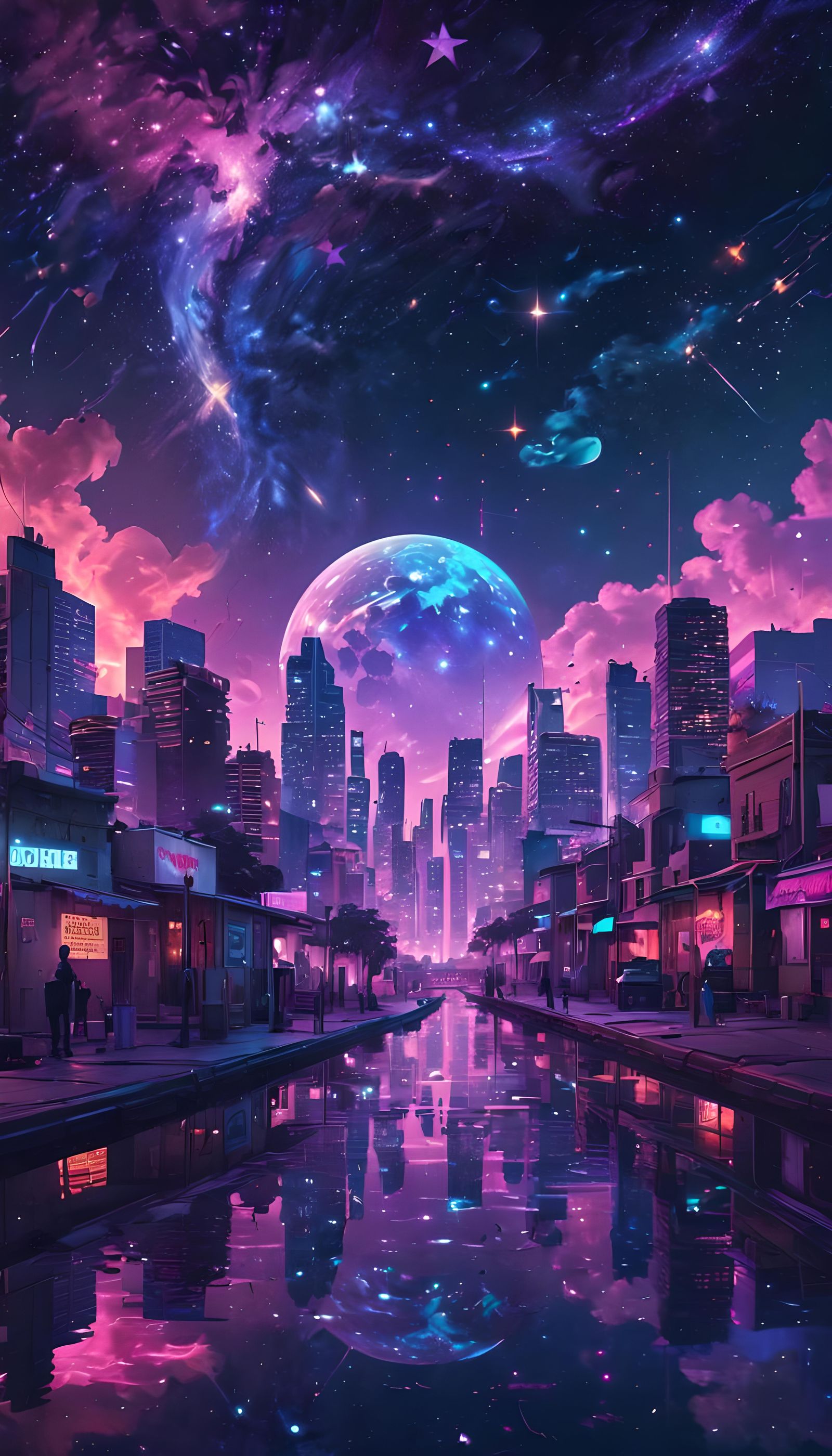 Lofi Vaporwave Cityscape with Stars in 4K