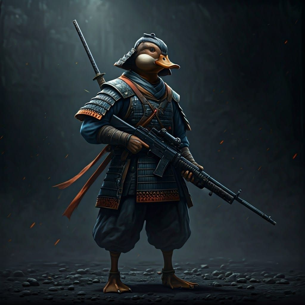 Majestic Duck Samurai in Hyper Realistic Battlefield Scene