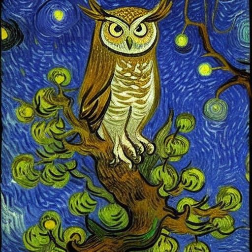 Nocturnal Owl in Tree, Post-Impressionist Style