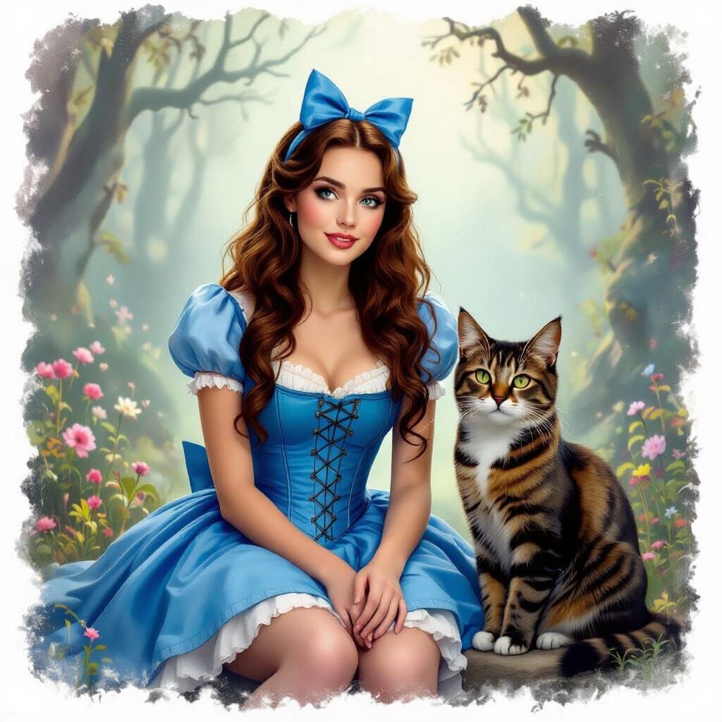 Mature Alice in Wonderland with Cheshire Cat, Surreal Digita...