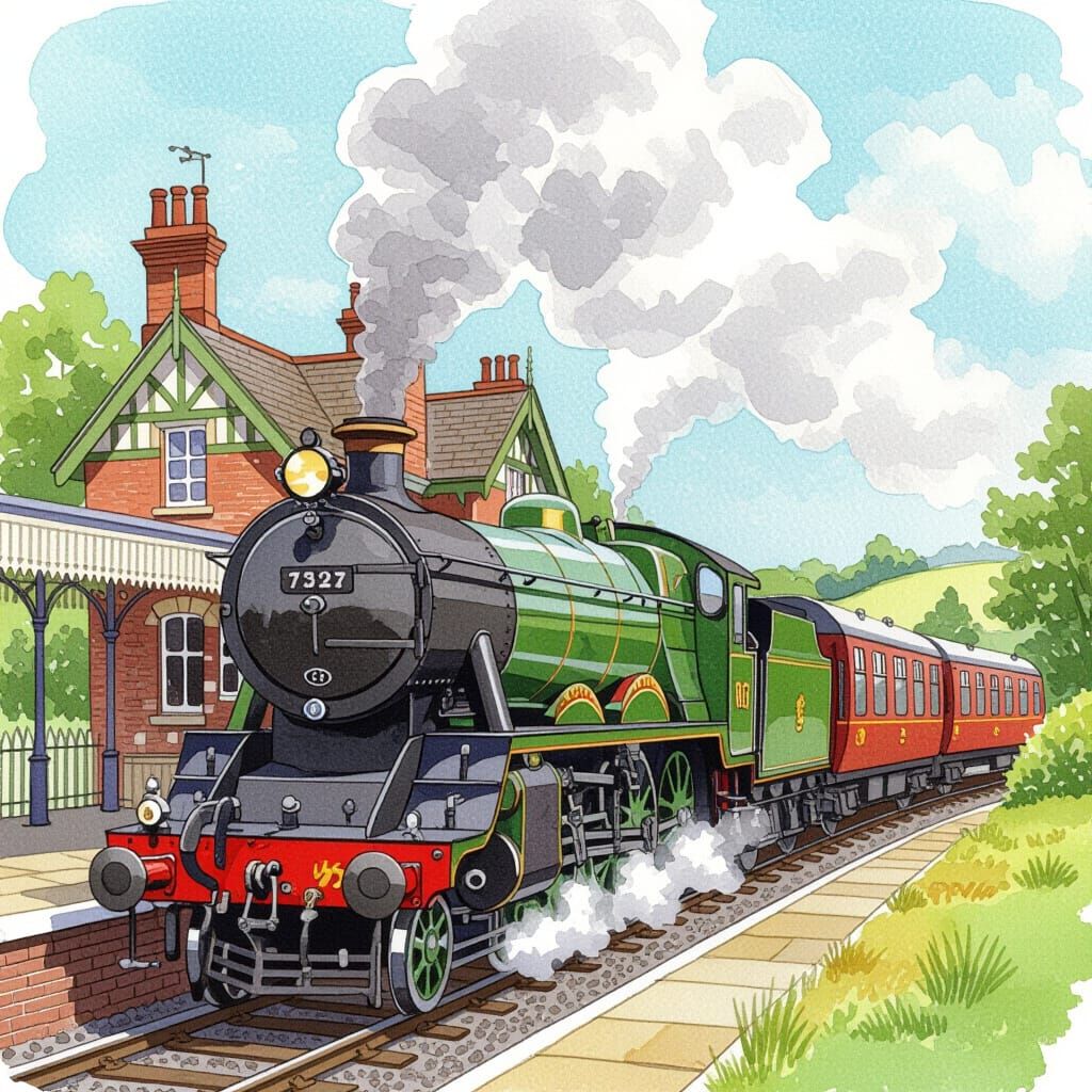 Ornate Watercolour Train Station in English Countryside