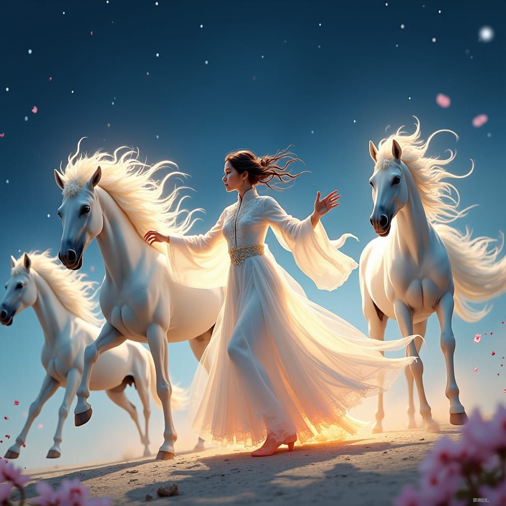 Ethereal Woman Dancing with Fiery Horses, Watercolor Art