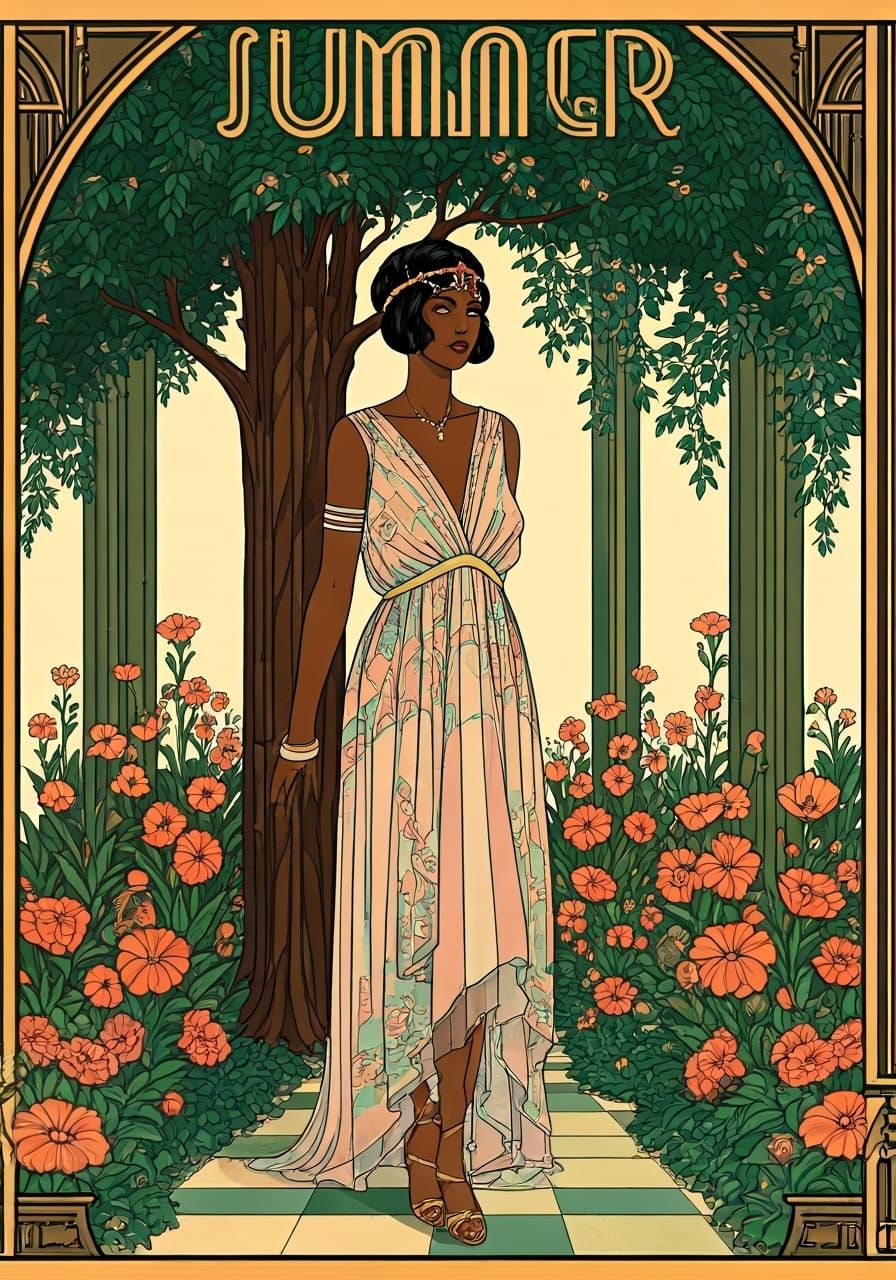 Art Deco Woman with Summer Flowers