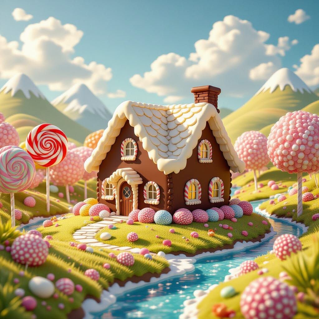 Chocolate House in Candy Forest, Hyperrealistic Fantasy Land...