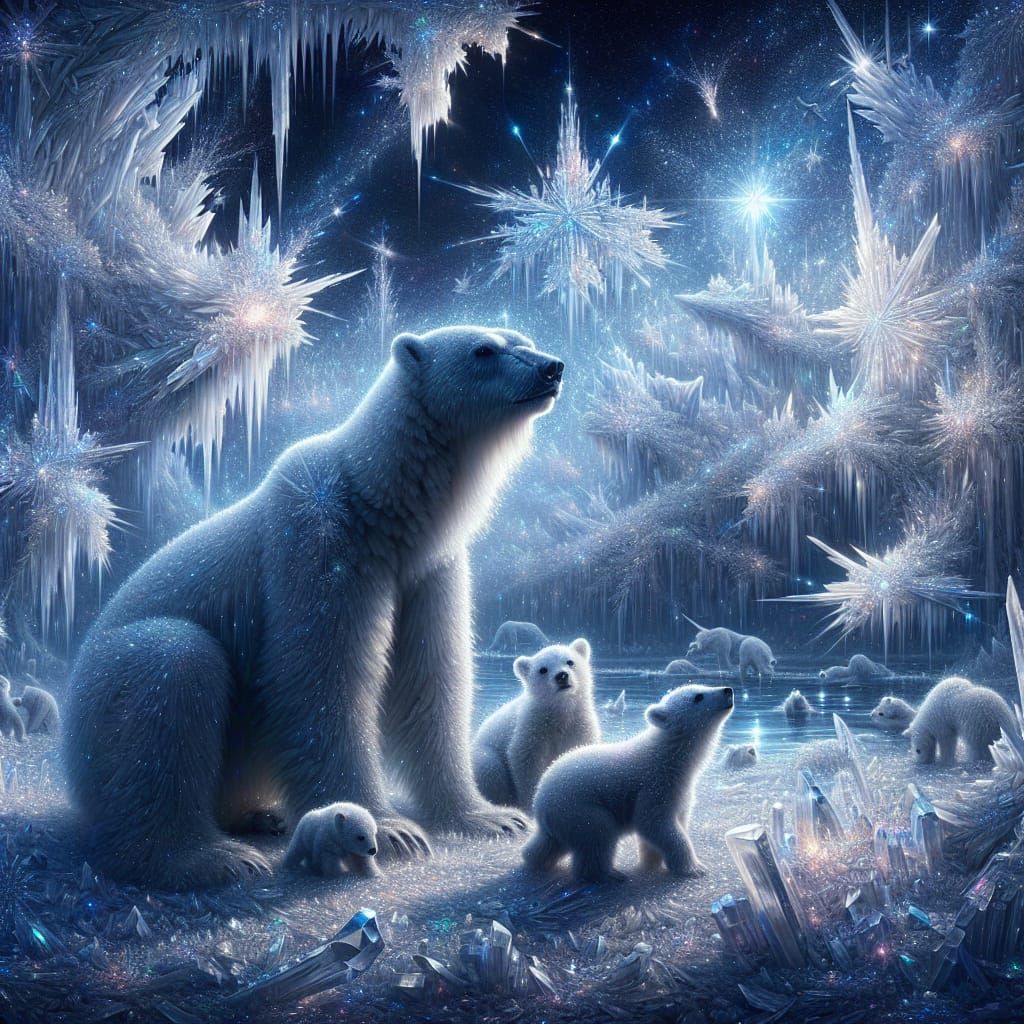 Polar Bear Family in Crystalline Winter Landscape