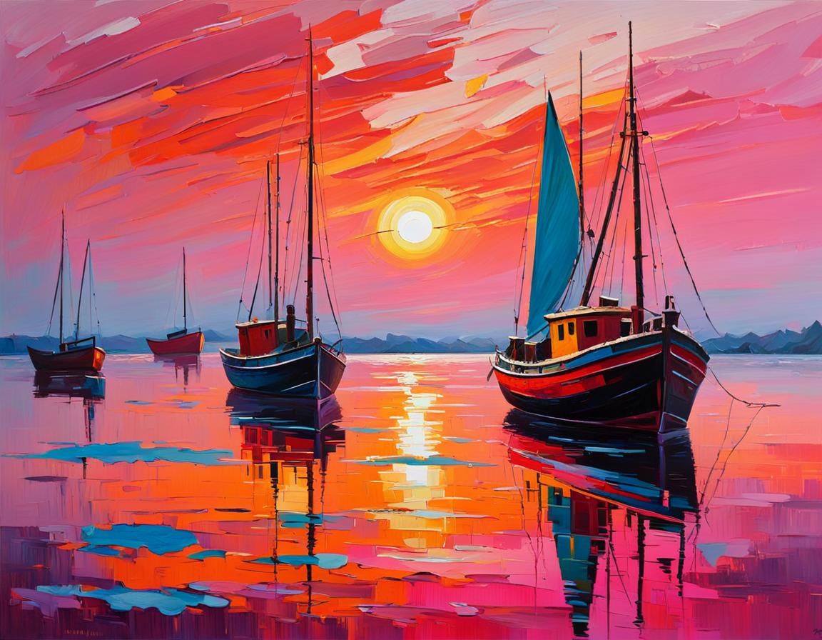 Neo-Expressionist Dawn Seascape with Fishing Boats